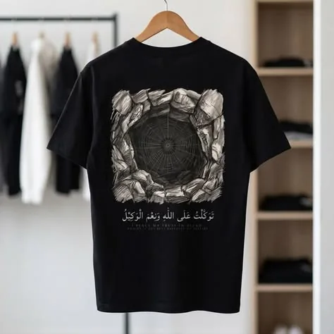 Black t-shirt, back view, printed with a spider's web across a cave opening and Arabic calligraphy underneath