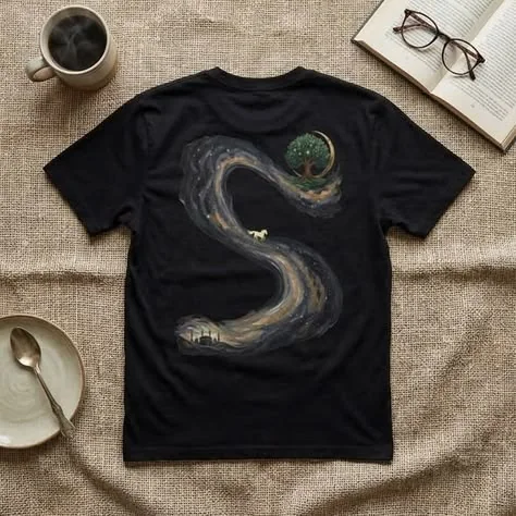 Black t-shirt, back view, printed with a winding path through a night sky, a small horse on the path and a tree and moon at one end